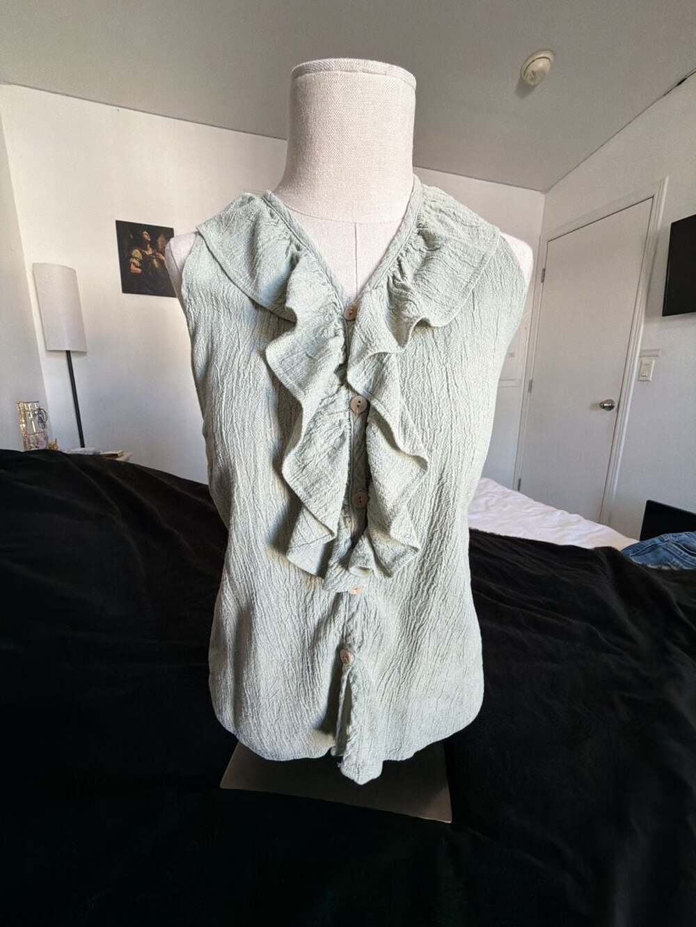 Sage Green Sleeveless V-Neck Ruffle Button-Down Blouse